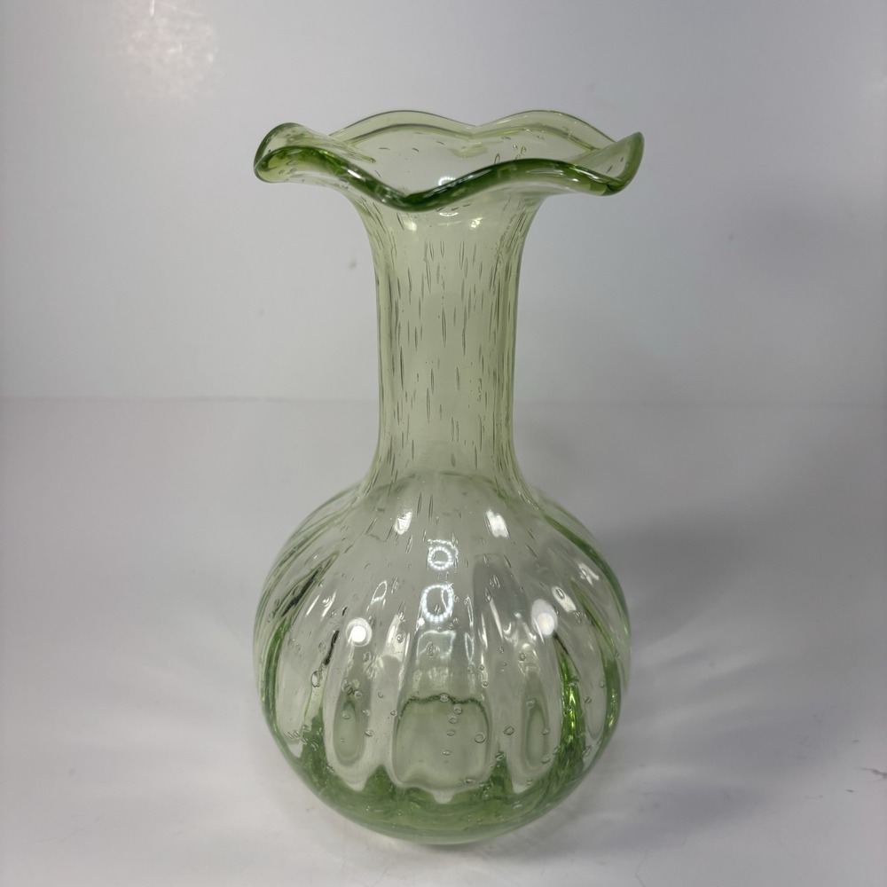 Vtg Green Art Glass Vase Controlled Bubble Ruffled Rim Melon Ribbed MCM Biot